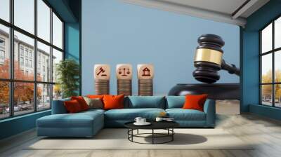 Justice icons on coins and cubes Law office concept, judge's hammer, justice scale Wall mural