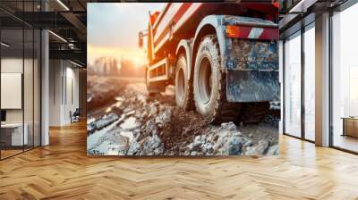 Mud Spattered Dump Truck Tire in a Construction Site During Sunset Wall mural