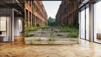 Overgrown brick buildings with a narrow path in the middle. Wall mural