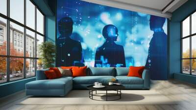 Silhouettes of business professionals standing against a digital background with abstract blue and purple lights, communicating futuristic concepts. Wall mural