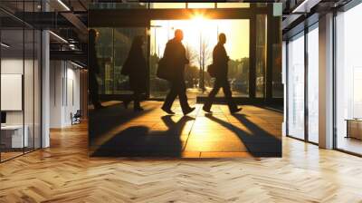 Silhouettes of People Walking Through Glass Doors Into a Bright Sunset Cityscape Wall mural