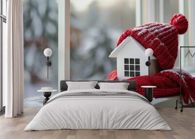 Small White House Wrapped in a Red Knit Hat and Scarf Against a Snowy Window Background Wall mural