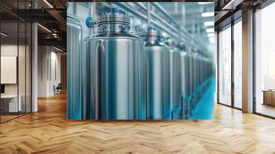 Stainless steel tanks in modern industrial facility, showcasing precision and technology Wall mural