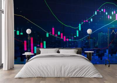 Stock graph chart analysis with parabolic indicator and volume diagram with cityscape night view on background, stock chart analysis by indicators concept Wall mural