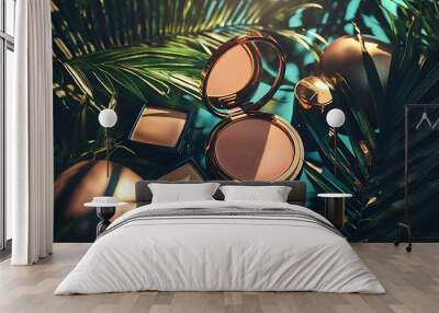 A close-up of stylish makeup products arranged among green palm leaves, featuring compacts and cosmetic items in a vibrant, tropical setting. Wall mural