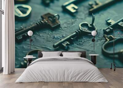 A collection of vintage keys of various designs and sizes, resting on a textured surface, showcasing intricate patterns and unique shapes. Wall mural