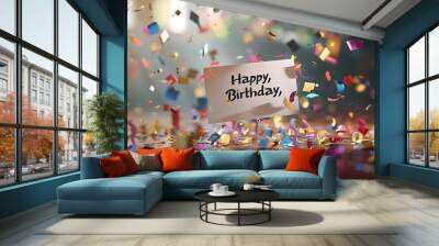 A festive scene with colorful confetti and a 