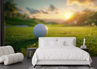 A golf ball rests on the lush green grass of a golf course, with a beautiful sunset in the background. This concept image provides ample space for sport and travel-related content. Wall mural