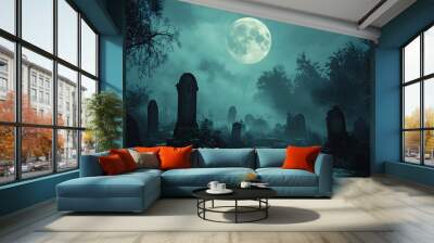 A graveyard with a large moon in the sky Wall mural