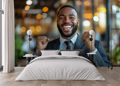 A man in a suit and tie is smiling and raising his hands in the air Wall mural