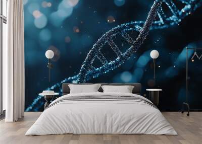 A mesmerizing close-up of a DNA double helix, highlighting intricate details, shimmering particles, and a blue, ethereal background. Wall mural