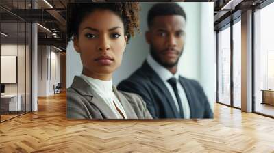 A professional duo stands confidently in a modern office, showcasing leadership and partnership in business attire. Wall mural