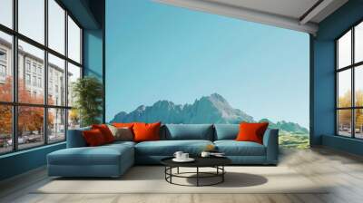 A serene mountain landscape under a clear blue sky, showcasing the beauty of nature with lush greenery in the foreground. Wall mural