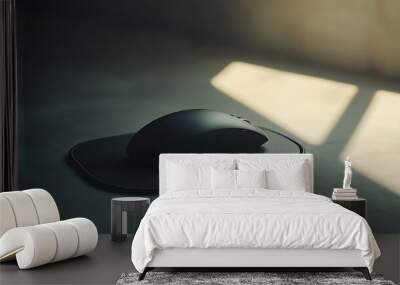 A sleek black computer mouse rests on a textured pad, illuminated by a warm beam of light streaming through a nearby window. Wall mural