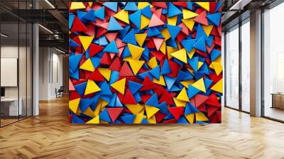 A vibrant collection of colorful triangular shapes in red, blue, and yellow, arranged evenly across the surface, creating a lively, dynamic pattern. Wall mural