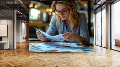 A woman is reading a piece of paper with a lot of numbers on it Wall mural