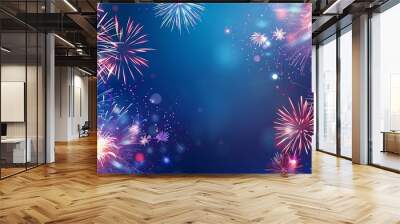 An abstract background with fireworks, glowing lights, and sparkles on a blue gradient background. An abstract, colorful design for the celebration of a happy new year or other events. Wall mural