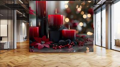 Festive arrangement of red candles surrounded by holiday decor, creating a cozy atmosphere with blurred lights in the background. Wall mural