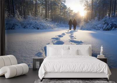 Two people walking in the snow with their feet in the snow Wall mural