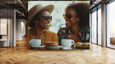 Two women sitting at a table with cups of coffee and donuts Wall mural