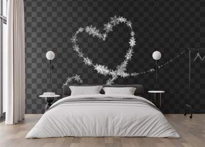 Heart shaped snowflakes in a flat style in continuous drawing lines. Trace of white dust. Magic abstract background isolated on on transparent background. Miracle and magic. Vector illustration flat Wall mural