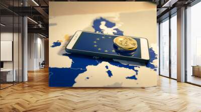 Financial concept with golden Bitcoin over smartphone, EU flag and map. Wall mural