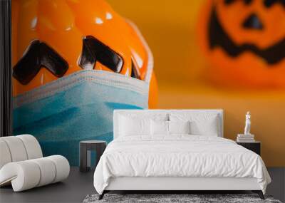 halloween pumpkins keeping social distance.autumn second wave of coronavirus infection, halloween and covid-19 concept. Copy-space available Wall mural