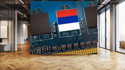 Russian Federation flag in the center of a circuit board. Concept of leadership in technology, artificial intelligence or digital cryptocurrencies Wall mural