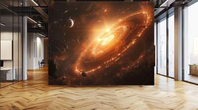 a background of space with planets and stars, including the sun in front of it Wall mural