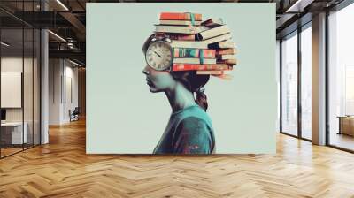 A creative profile image of a person with books and a clock inside their head, illustrating time management in education Wall mural