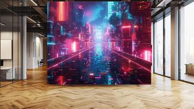 A digital landscape where AI entities interact in a vibrant, neon-lit environment Wall mural