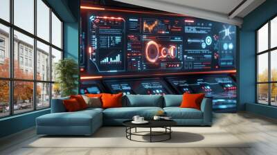 A futuristic interface showcasing a secure network protected by advanced tech security protocols and hacking prevention techniques Wall mural