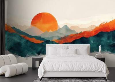 A hand drawn illustration of an abstract background with orange and teal gradients, a sun setting behind mountains, a white space in the middle for text, simple lines, in the style Wall mural