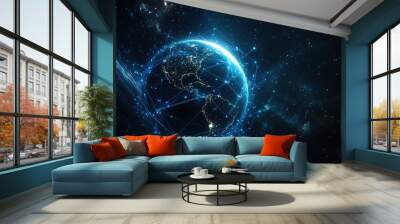 Blue network lines connect cities on a night view of Earth from space. Wall mural