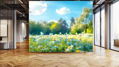 Blurred spring nature scene with blooming chamomile, trees, and blue sky, sunny day, vibrant and colorful, highresolution image, serene and cheerful Wall mural