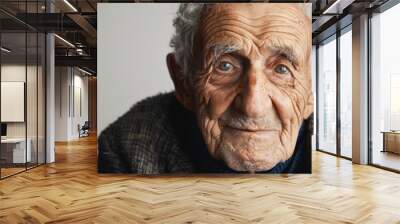 Candid street portrait of an elderly man with a wise expression, capturing the stories etched in his face, isolated white background, copy space Wall mural