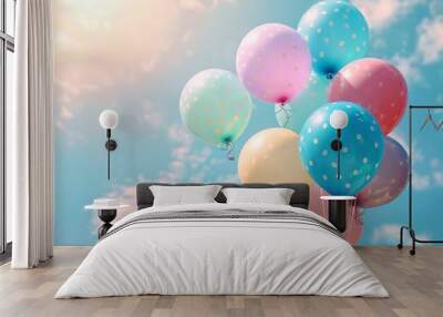 Colorful balloons flying against a blue sky background A happy birthday concept depicted in the style of vintage pastel colors with a soft focus Wall mural