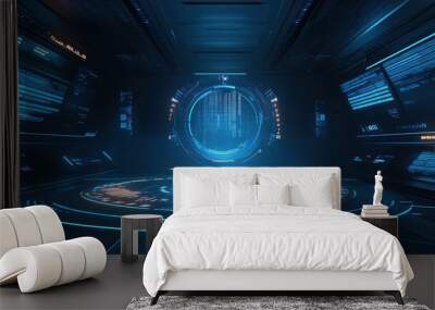 Futuristic Sci-Fi Spaceship Interior with Holographic Display and Digital Interface. Wall mural