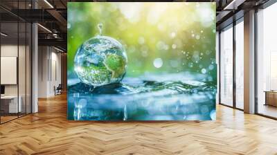 Globe within water drop World Water Day clean water theme banner with copy space Wall mural