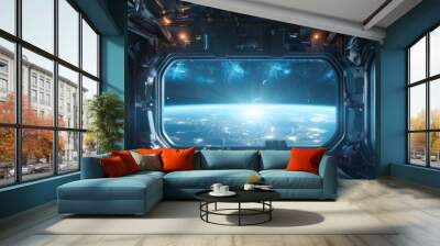 High-tech spaceship interior bright lighting dark space view through window banner with copy space Wall mural