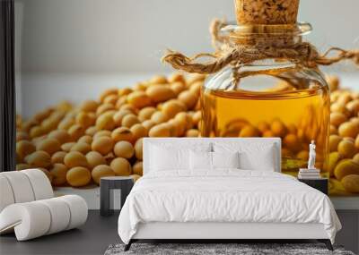 Macro shot of soybean oil in a glass bottle, surrounded by soybeans, high detail, isolated on white background, cooking ingredient Wall mural