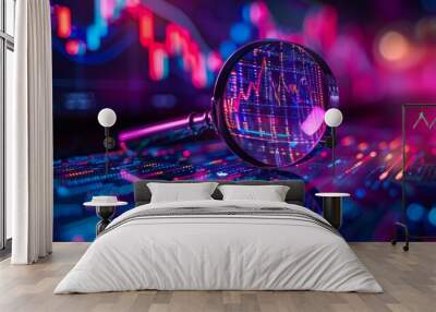 magnifying glass over data, digital charts and graphs in the background, purple blue gradient, neon light effect Wall mural