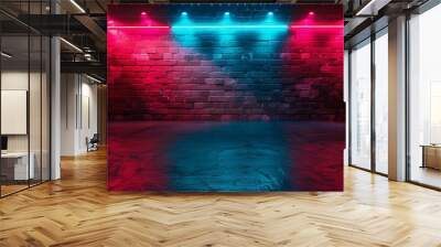 Red and blue neon light on brick wall background, stage or concert scene with spotlight and copy space for design Wall mural