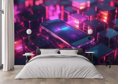 Smartphone on a futuristic abstract background of glowing cubes. Wall mural