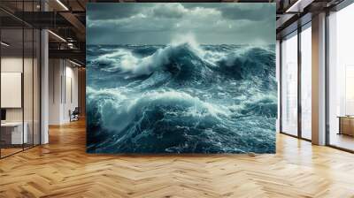 Stormy ocean waves in front view, emphasizing the powerful nature forces Cybernetic tone, Monochromatic Color Scheme Wall mural