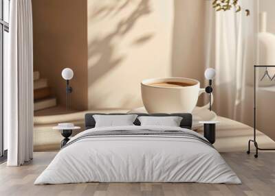 Stylish coffee cup with saucer on a light brown tabletop Wall mural