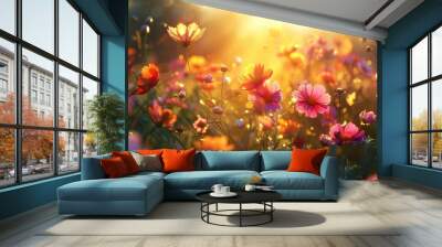 Sunlit field of wildflowers with a warm, soft glow Wall mural