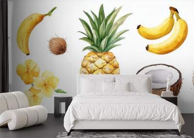 clip art whimsical watercolour tropical fruits like pineapples, bananas, and coconuts, with fun patterns, ideal for summer party invitations or fabric prints  Wall mural