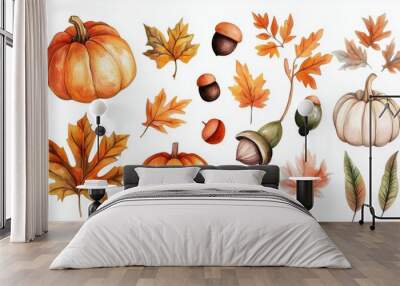 Maple leaves, pumpkins, nuts in clip art  Wall mural