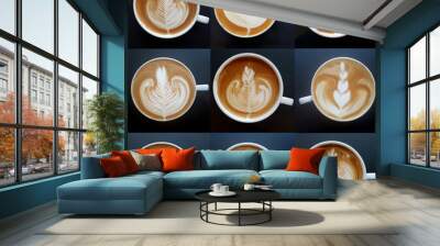 Collection of top view of  latte art coffee mugs on black background. Wall mural